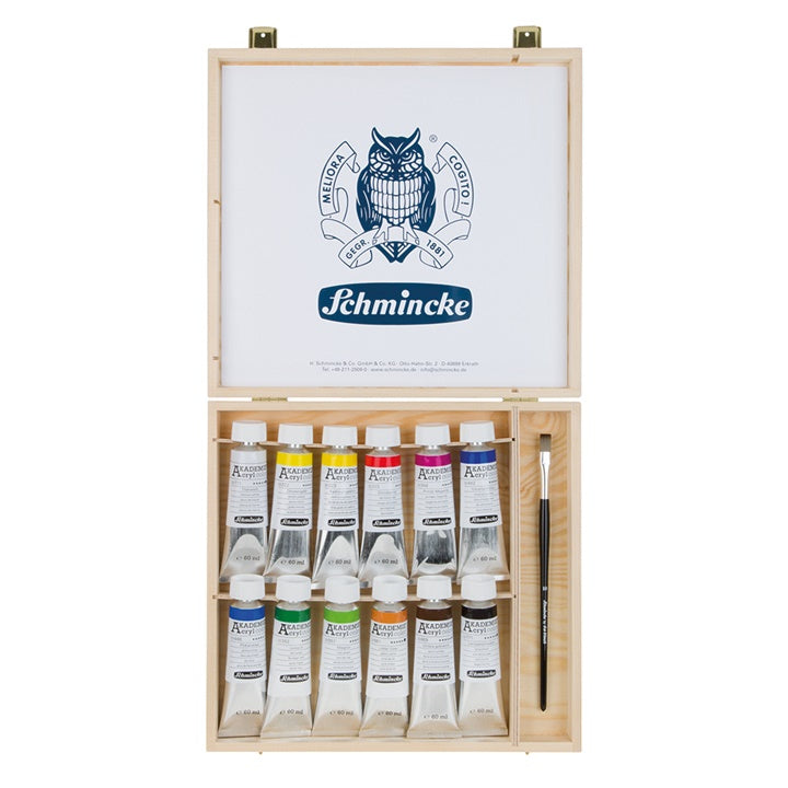 Set akrilnih barv in čopiča v leseni škatli Schmincke AKADEMIE 12 x 60 ml