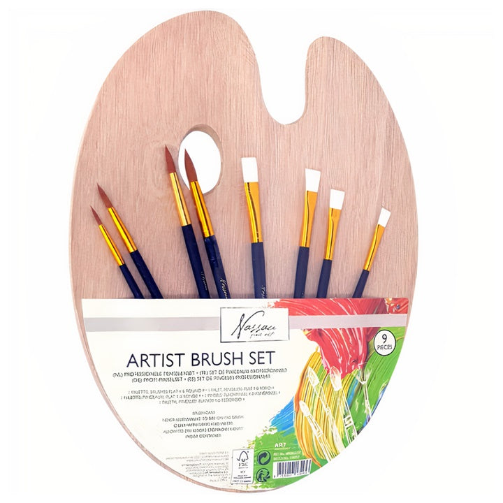 Set čopičev z leseno paleto Nassau Fine Art - 9 kos
