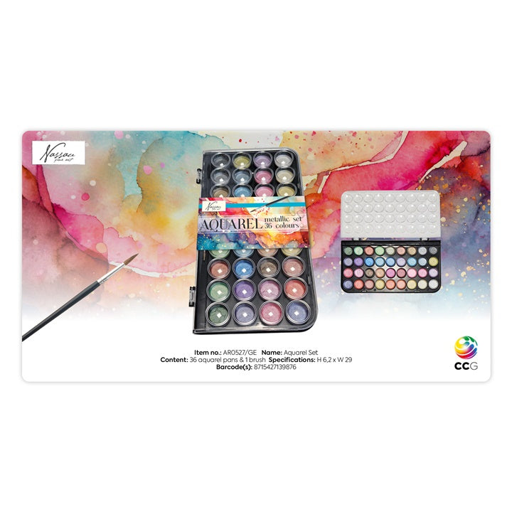 Set kovinskih akvarelov Nassau 36 kosov + čopič – pogled 2