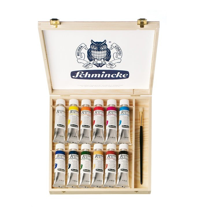 Set oljnih barv v leseni škatli Schmincke AKADEMIE 12 x 60 ml
