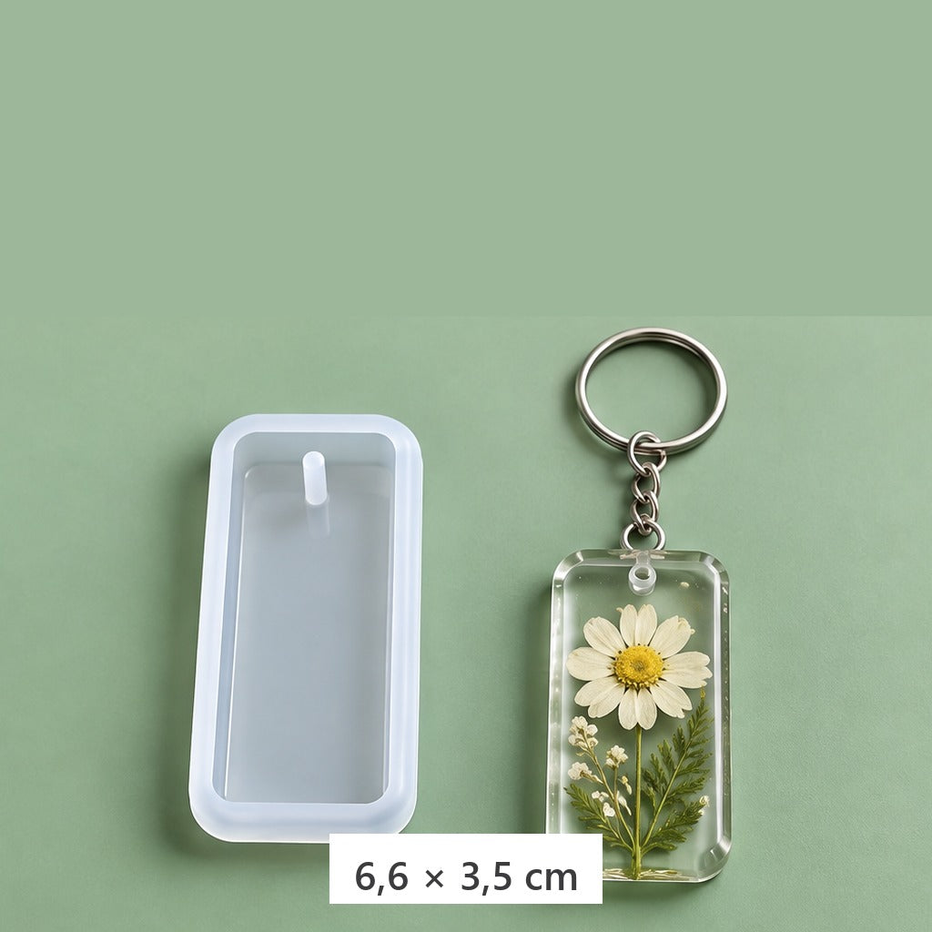Silikonski model za obeske iz epoksidne smole z obročki za ključe – pravokotni model 6,6 × 3,5 cm + 3 obročki za ključe