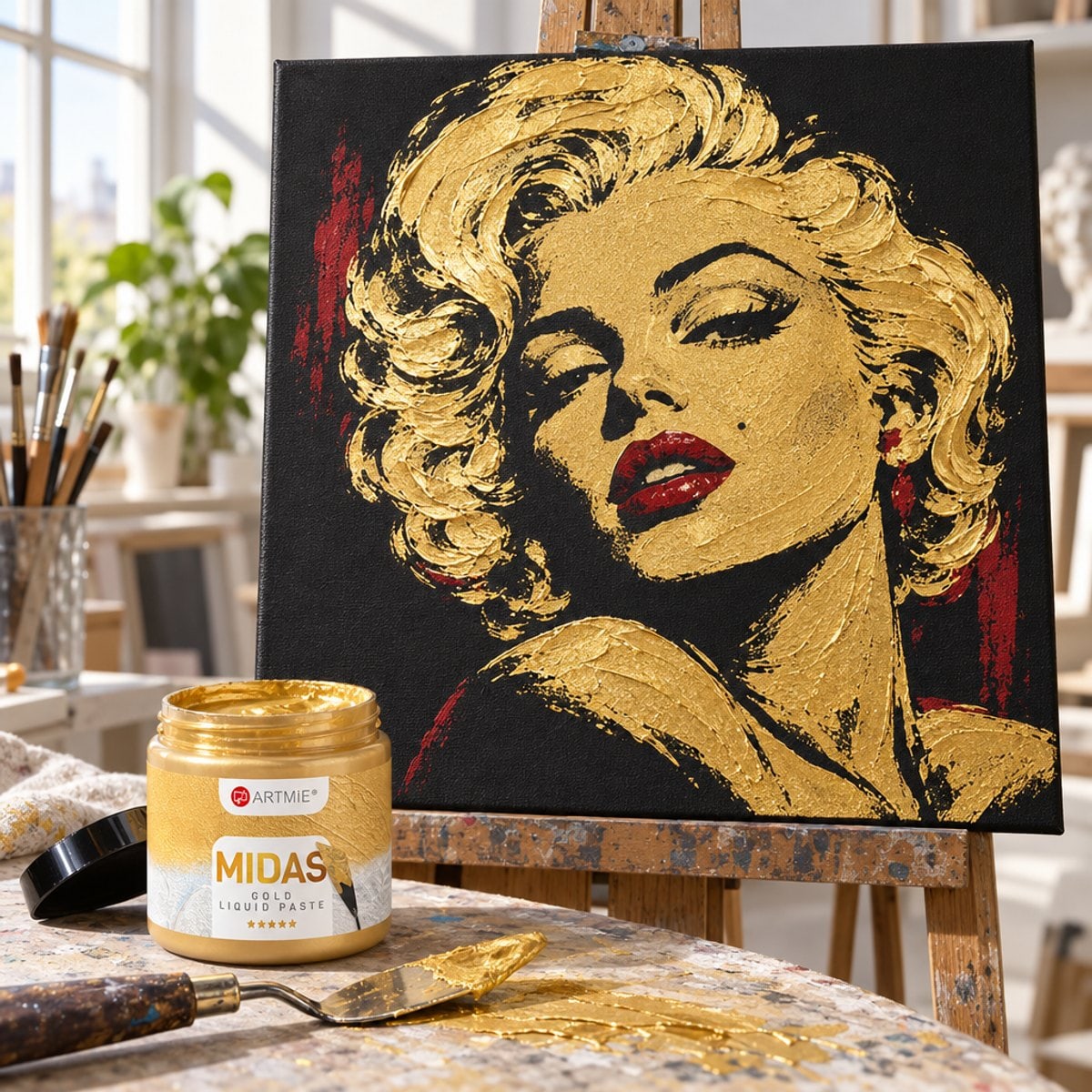 Portret na črnem platnu, naslikan z zlato pasto ARTMIE MIDAS in rdečo barvo