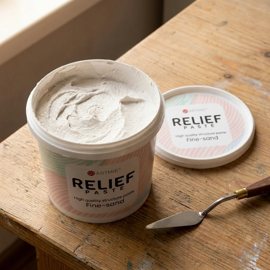 Odprta embalaža ARTMIE Relief Paste — vidna peščena struktura paste v notranjosti