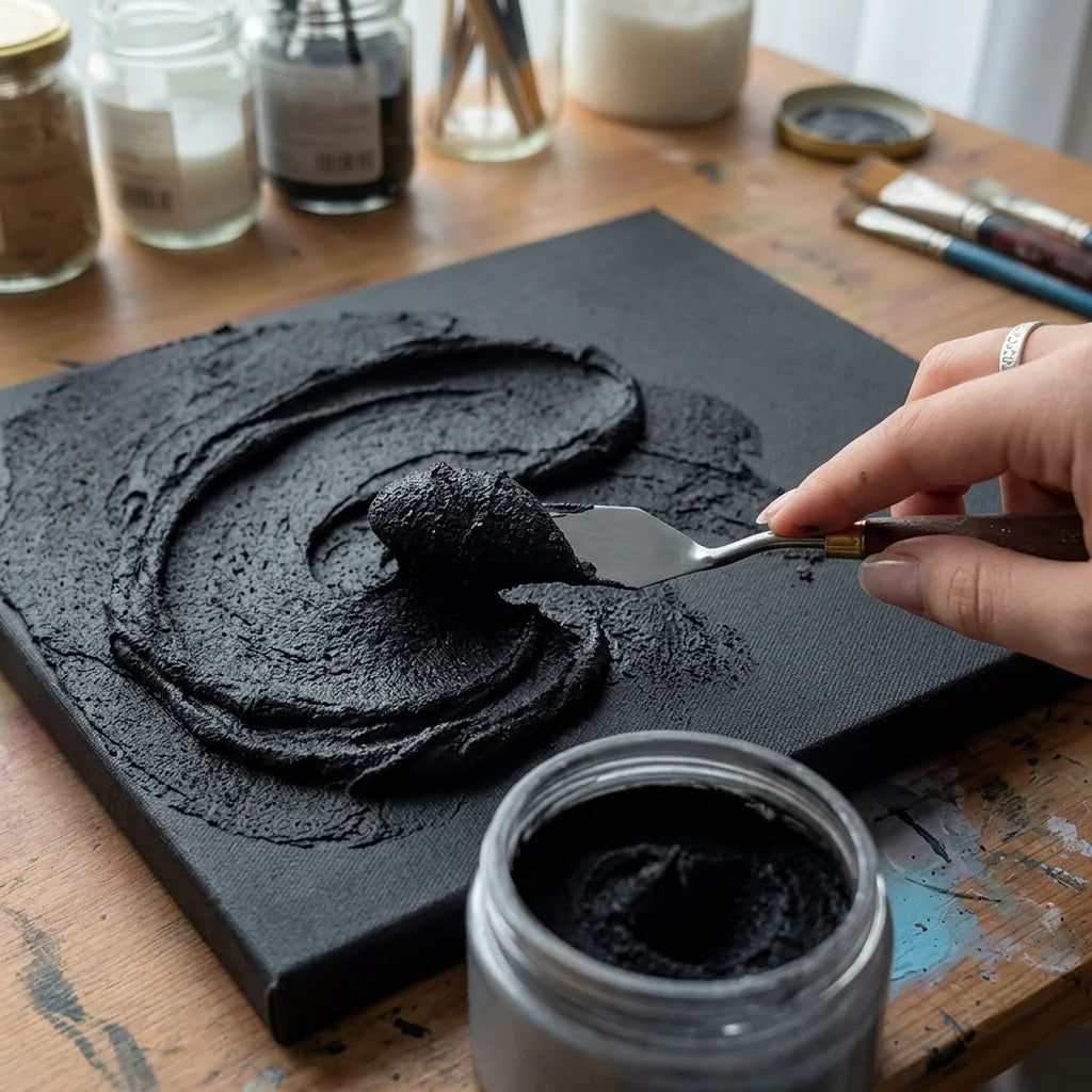 Nanašanje črne 3D reliefne paste za modeliranje Midnight s špachtlo na platno