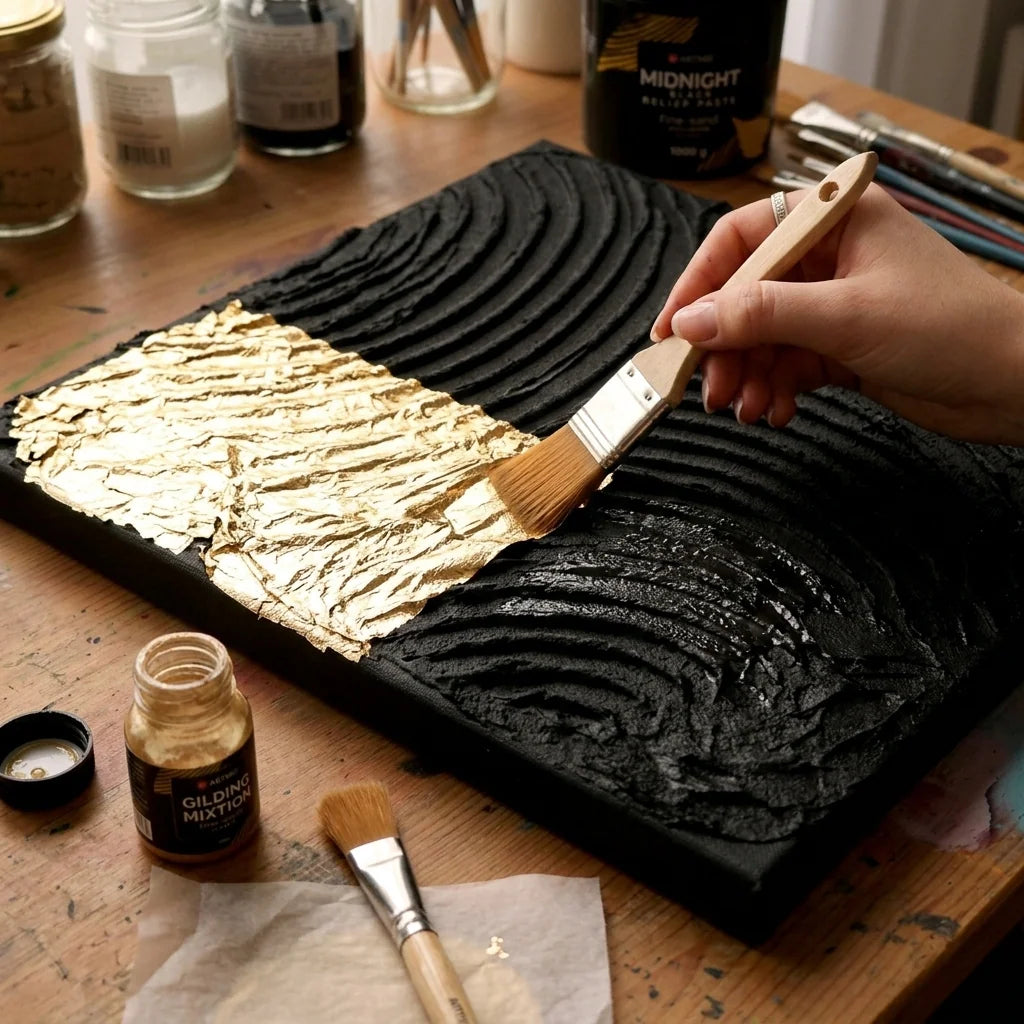 Nanašanje šlagmetala na suh relief iz črne 3D reliefne paste za modeliranje Midnight