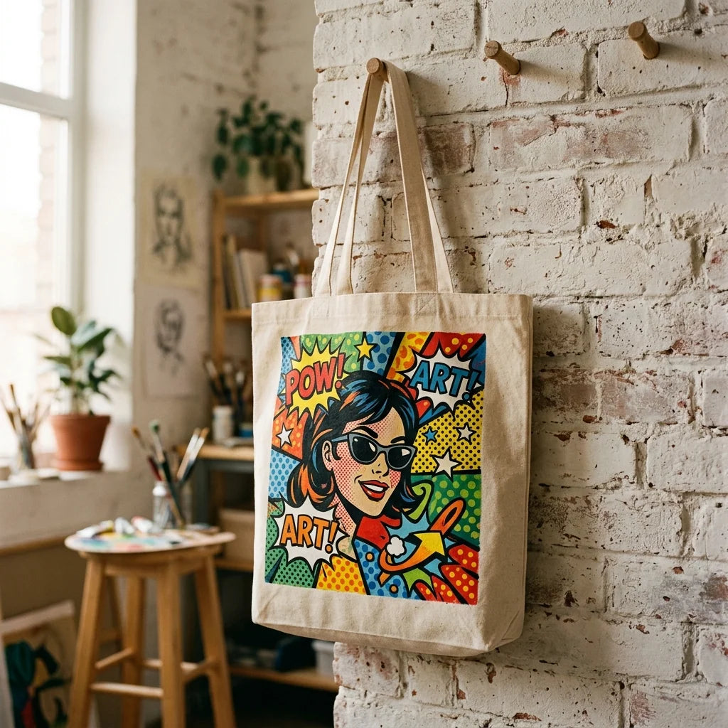 Torba s pop-art motivom, poslikana z akrilom