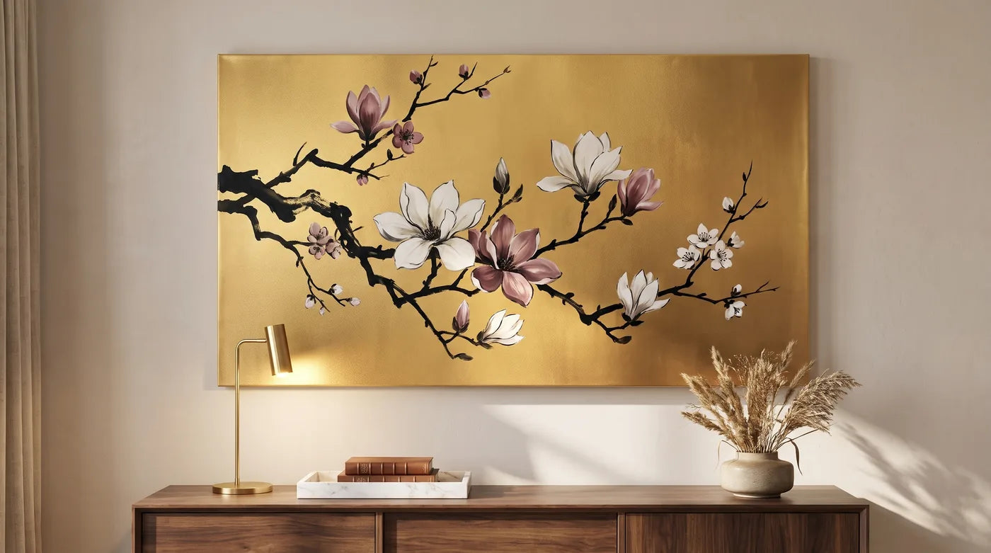 Zlato platno MIDAS z ročno naslikanimi vejicami magnolije, obešeno nad komodo v dnevni sobi