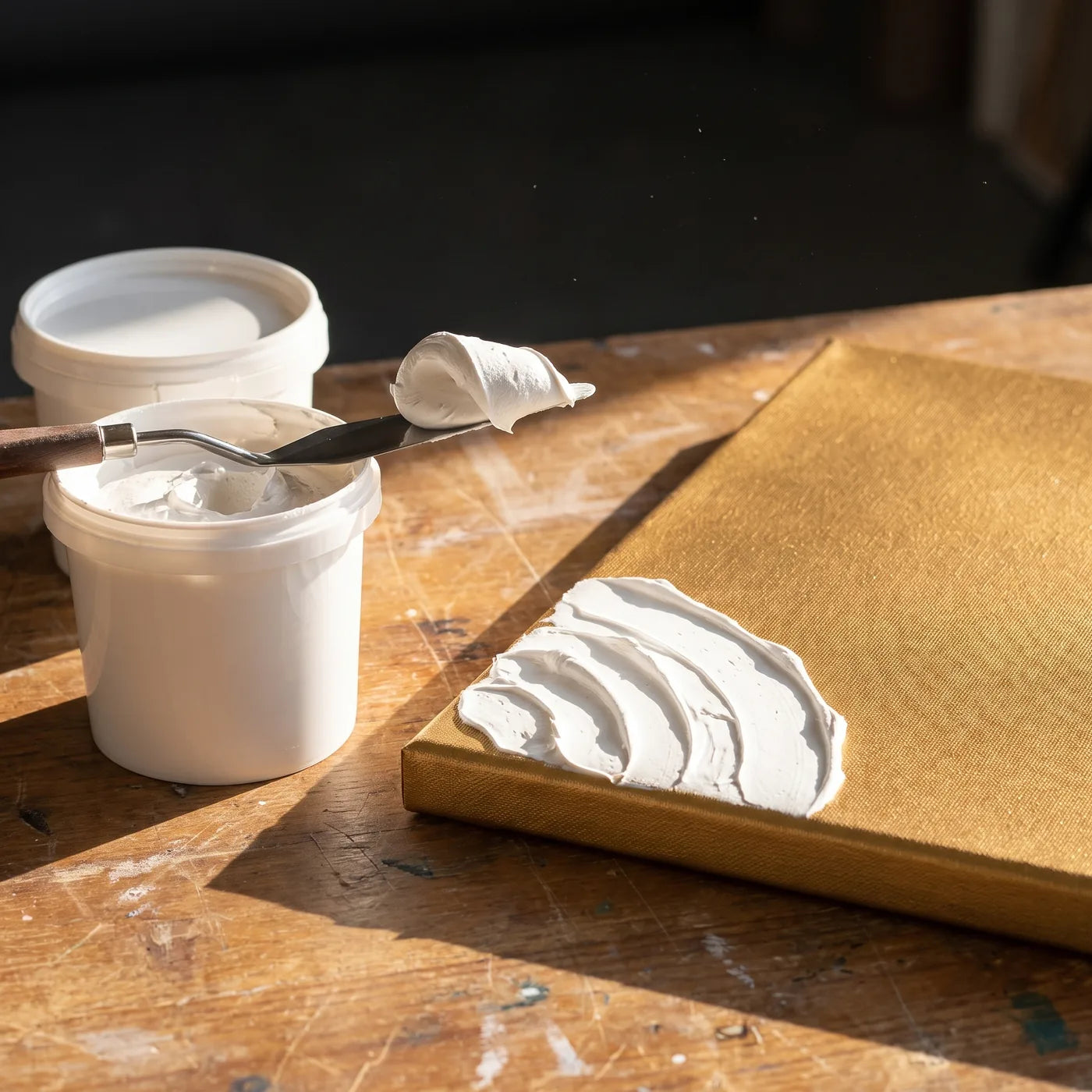 Bela reliefna 3D pasta ARTMIE in lopatica ob zlatem platnu MIDAS