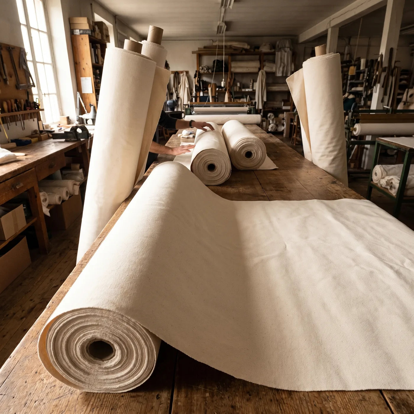 Role surovega bombaža v delavnici — material za platna MIDAS