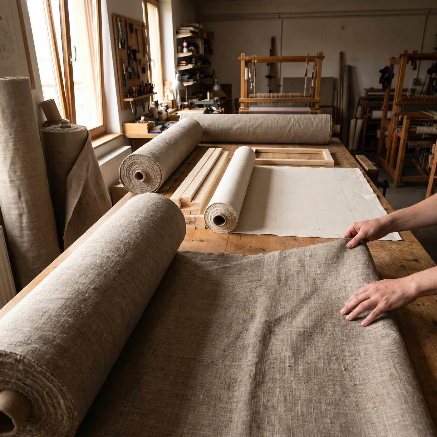 Role surovega lanu v delavnici — material za platna MUSEAL
