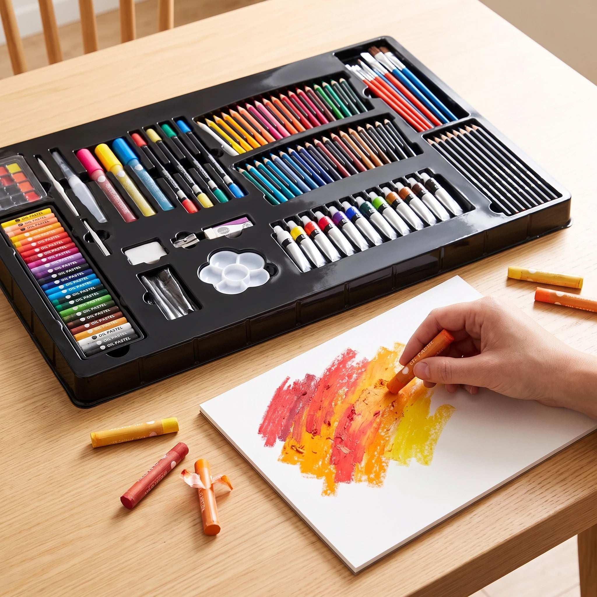 Odprt likovni komplet Daler-Rowney s 215 kosi in risanje z oljnimi pasteli
