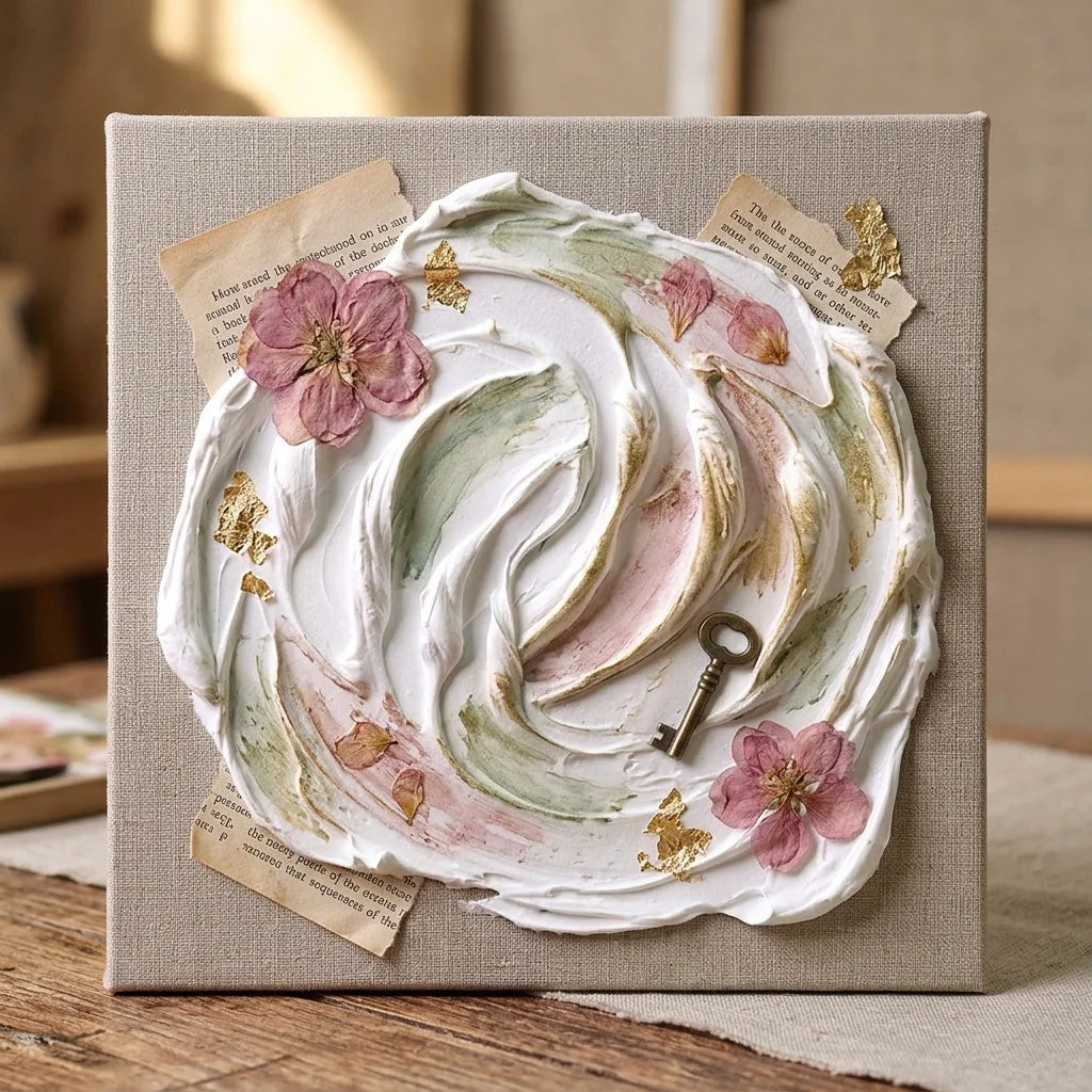 Mixed media kolaž s pasto Butter — suho cvetje, vintage papir, medeninast ključ