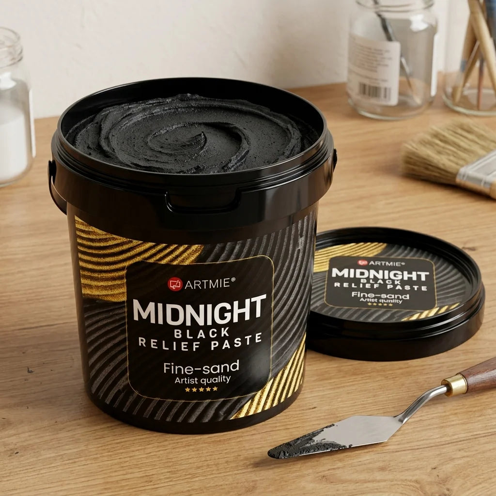 Odprta embalaža ARTMIE Midnight — vidna črna peščena pasta v notranjosti