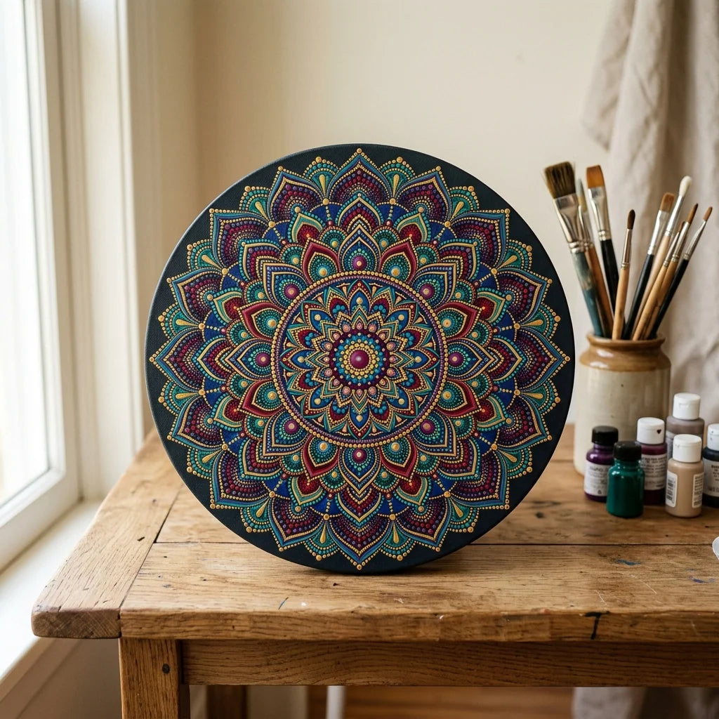 Mandala, naslikana na okroglem slikarskem platnu ARTMIE