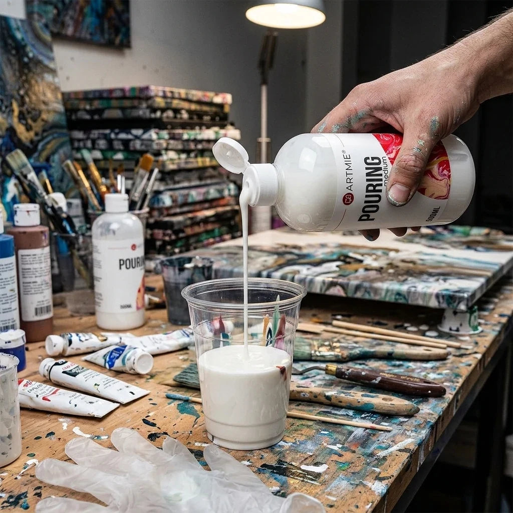 Vlivanje belega pouring medija ARTMIE iz 500 ml stekleničke v kozarec